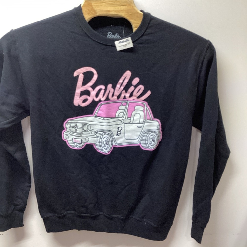 Barbie Black Graphic Sweatshirt Pink Jeep Logo Crew Neck Pullover Medium NWT - Picture 1 of 4